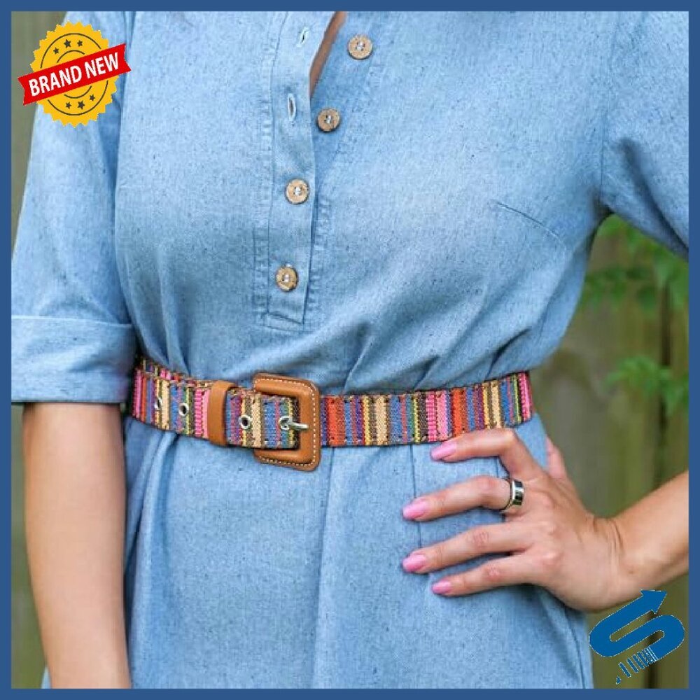 Adjustable Vegan Leather & Woven Fabric Belt for Women - 7 Hole Design - Picture 3 of 7